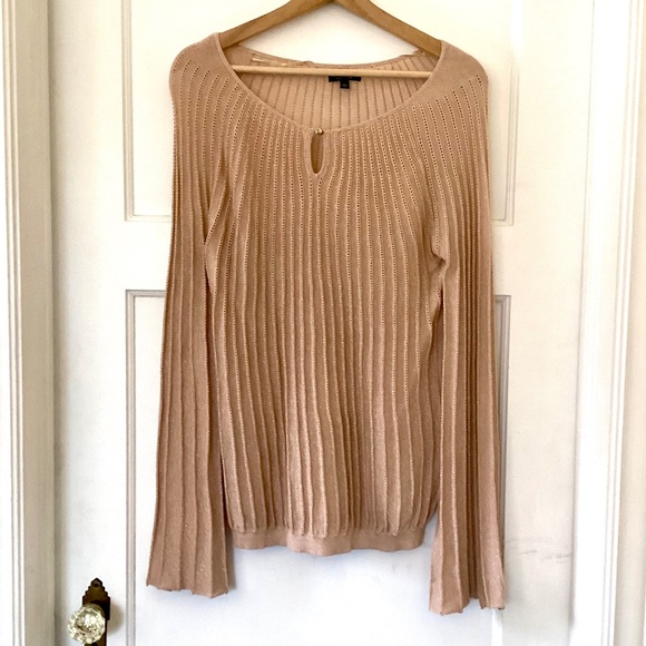 APT. 9 Metallic Champagne Gold Ribbed Lace Sweater L Bell Sleeve Holiday Party - Picture 2 of 12